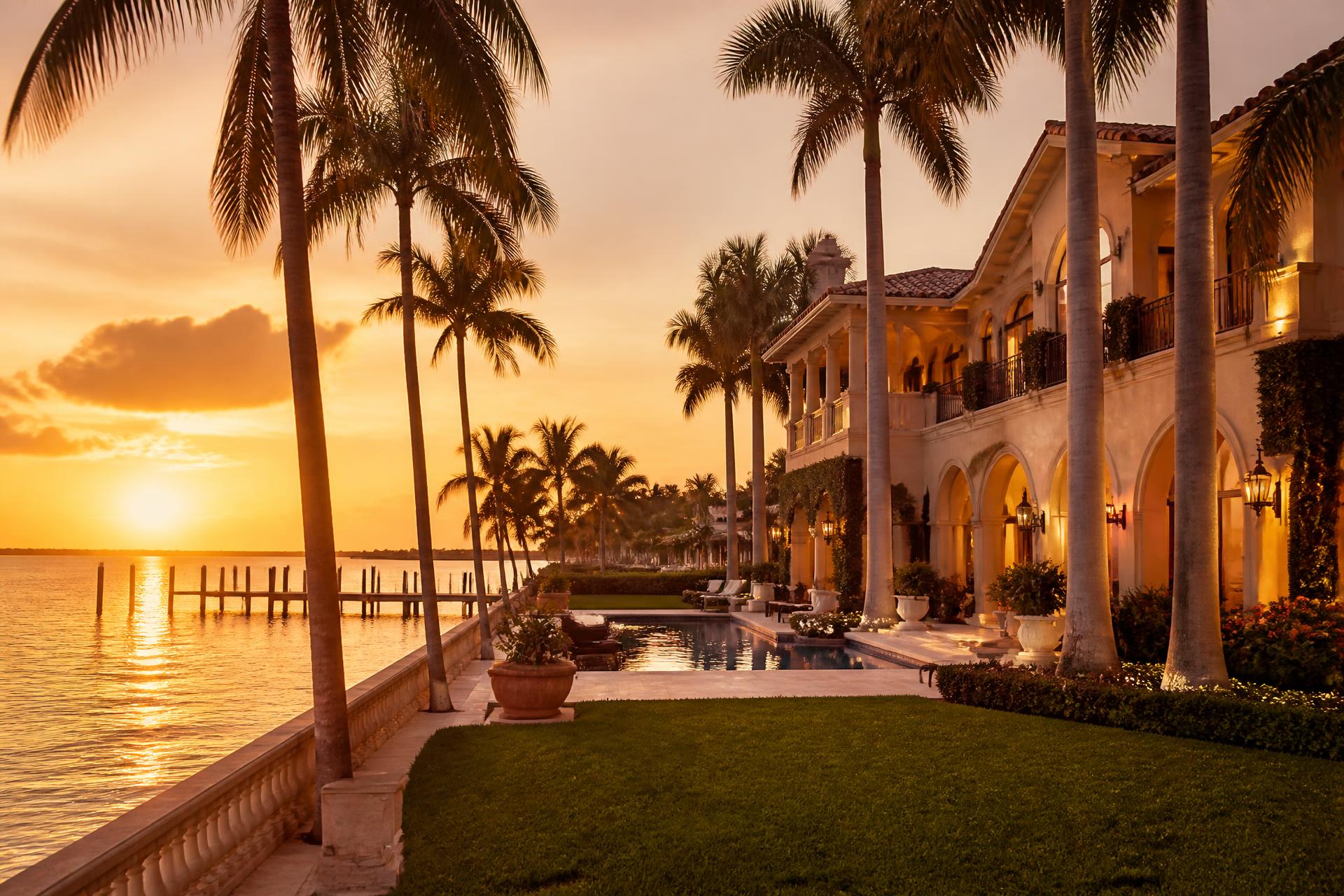 Palm Beach waterfront estate at sunset